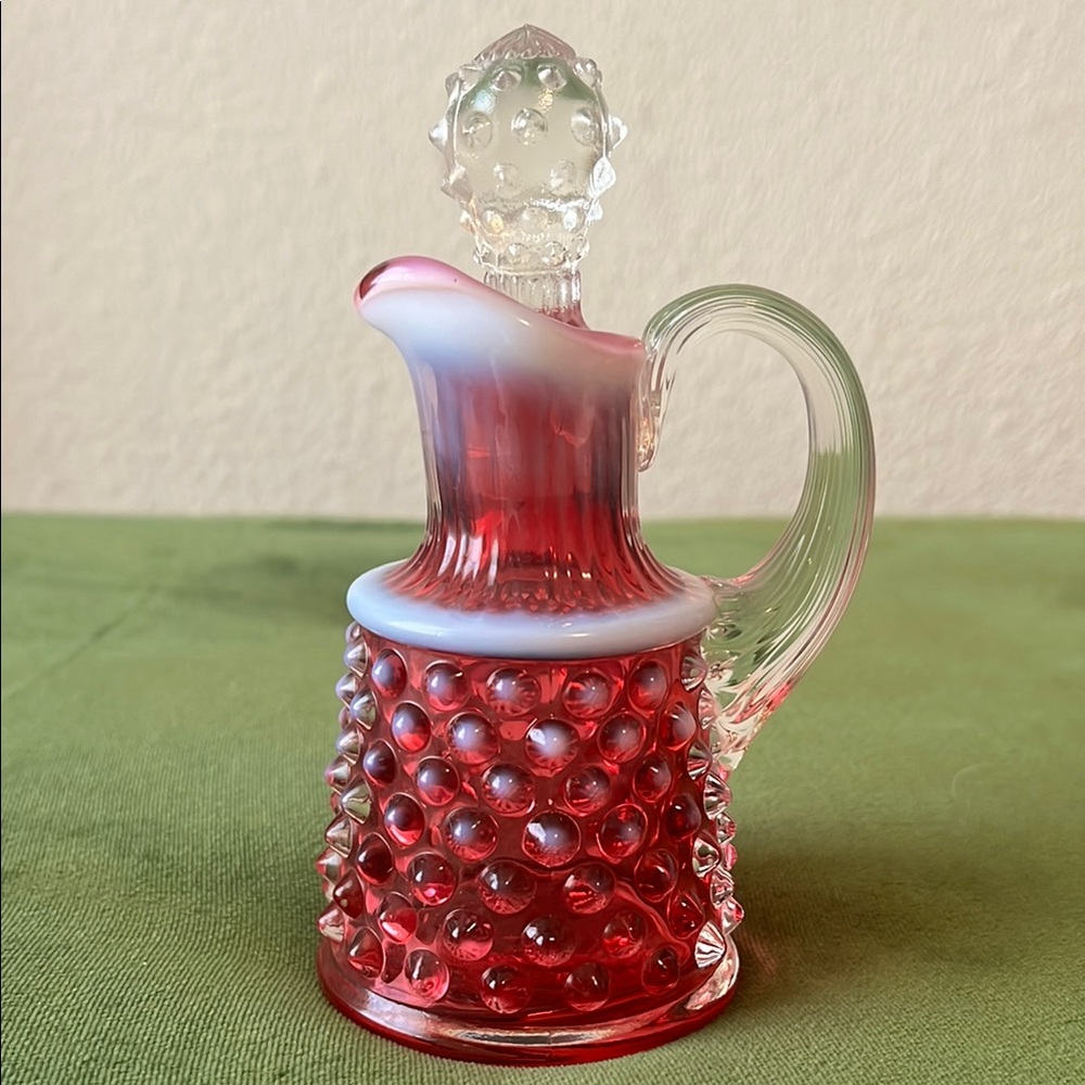Fenton Glass Cranberry Opalescent Hobnail Oil Bottle Cruet w/ Crystal Stopper